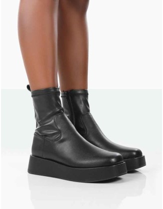 Not Okay Black Pu Chunky Sole Sock Ankle Boots