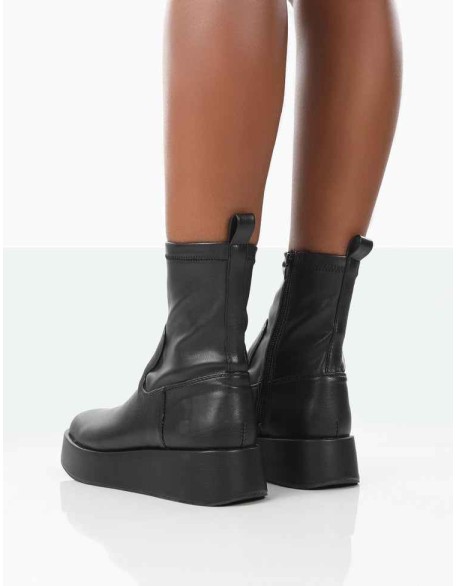 Not Okay Black Pu Chunky Sole Sock Ankle Boots