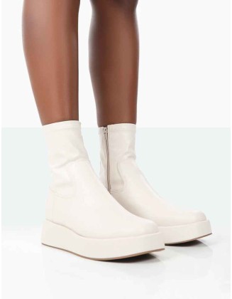 Not Okay Ecru Pu Chunky Sole Sock Ankle Boots