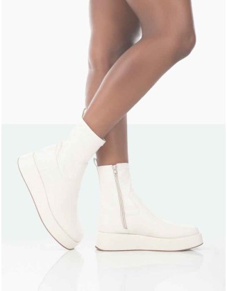 Not Okay Ecru Pu Chunky Sole Sock Ankle Boots
