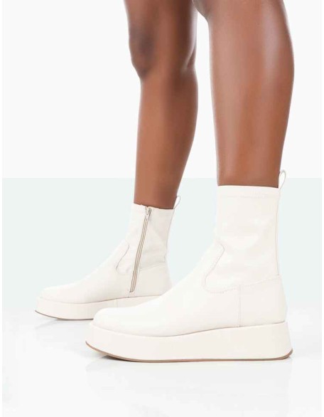 Not Okay Ecru Pu Chunky Sole Sock Ankle Boots