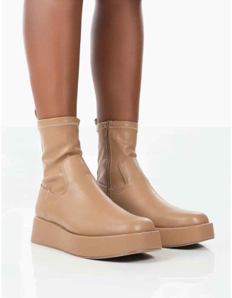 Not Okay Nude Pu Chunky Sole Sock Ankle Boots