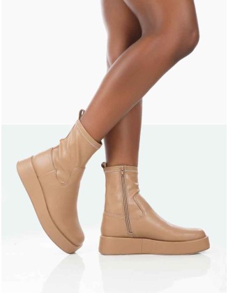 Not Okay Nude Pu Chunky Sole Sock Ankle Boots