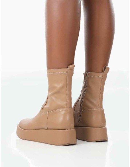 Not Okay Nude Pu Chunky Sole Sock Ankle Boots