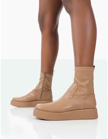 Not Okay Nude Pu Chunky Sole Sock Ankle Boots