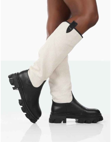 Genius Black PU Knee High Linen Chunky Sole Boots