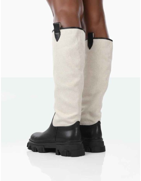 Genius Black PU Knee High Linen Chunky Sole Boots