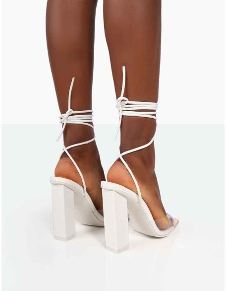Date-Night Wide Fit White Croc Lace Up Clear Perspex Square Toe Heels