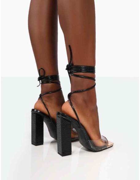 Date-Night Wide Fit Black Croc Lace Up Clear Perspex Square Toe Heels