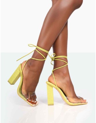 Date-Night Wide Fit Lime Croc Lace Up Clear Perspex Square Toe Heels