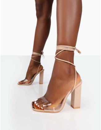 Date-Night Wide Fit Nude PU Lace Up Clear Perspex Square Toe Heels