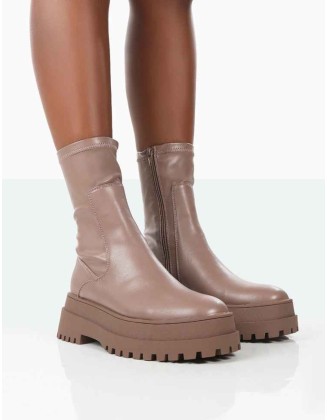 Rusty Mocha Pu Chunky Sole Sock Ankle Boots