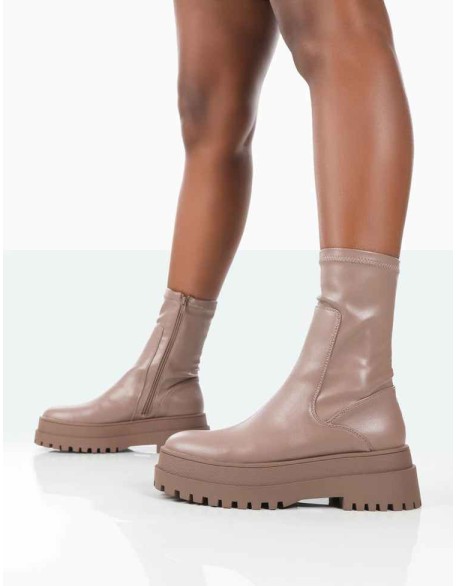Rusty Mocha Pu Chunky Sole Sock Ankle Boots