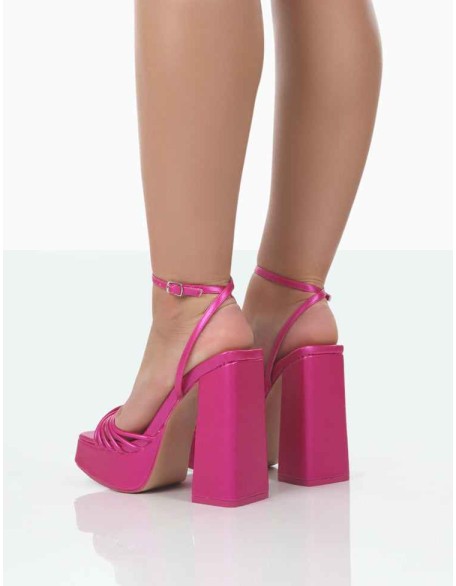 Boujee Pink Metallic Square Toe Strappy Block Heels
