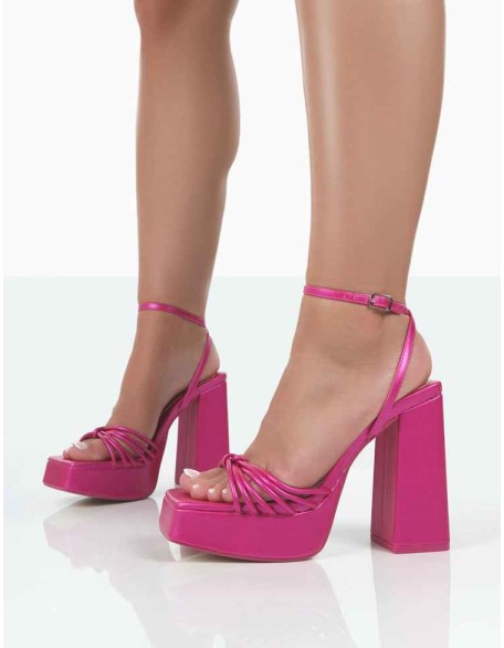Boujee Pink Metallic Square Toe Strappy Block Heels
