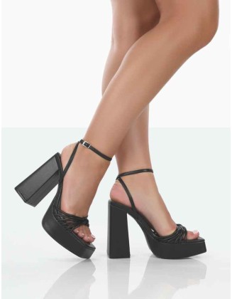 Boujee Black Pu Square Toe Strappy Block Heels