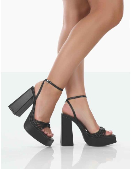 Boujee Black Pu Square Toe Strappy Block Heels