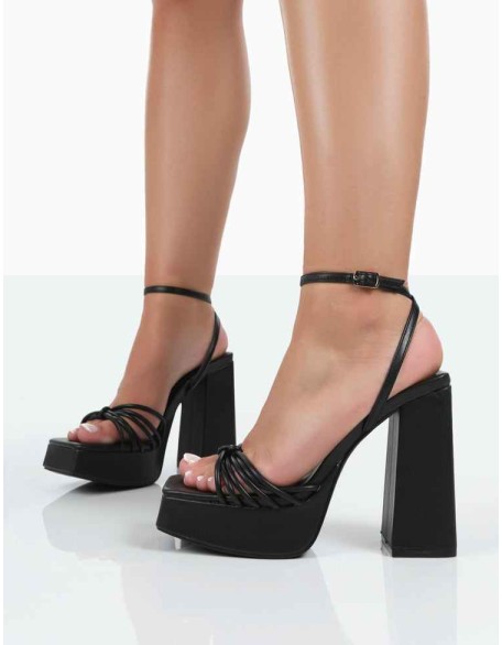 Boujee Black Pu Square Toe Strappy Block Heels
