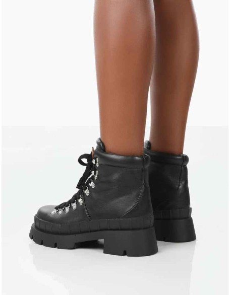 Hike There Black Pu Lace Up Chunky Sole Winter Boots