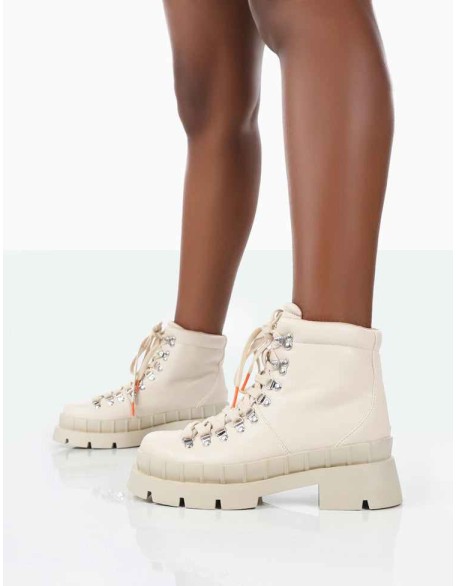 Hike There Bone Pu Lace Up Chunky Sole Winter Boots