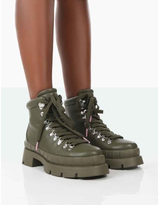 Hike There Khaki Pu Lace Up Chunky Sole Winter Boots