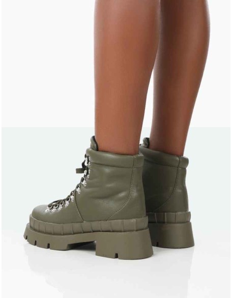 Hike There Khaki Pu Lace Up Chunky Sole Winter Boots