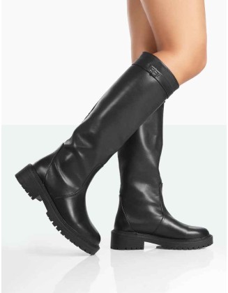 More Fun Black PU Round Toe Knee High Boots