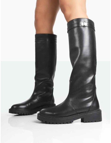 More Fun Black PU Round Toe Knee High Boots