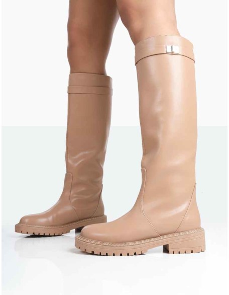 More Fun Caramel PU Round Toe Knee High Boots