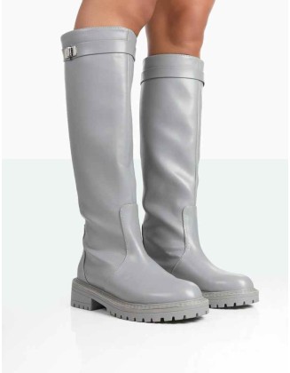 More Fun Grey PU Round Toe Knee High Boots