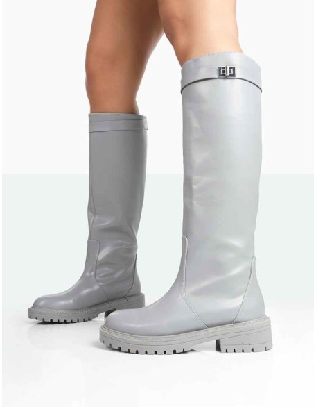 More Fun Wide Fit Grey PU Round Toe Chunky Sole Knee High Boots