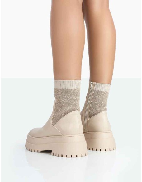 Paloma Nude Boucle Knit Chunky Sole Sock Ankle Boots