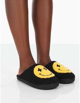 Daze Black Printed Smiley Face Slippers