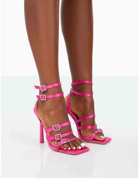 Lindsey Fuchsia Pink Satin Strappy Square Toe Stiletto Heels