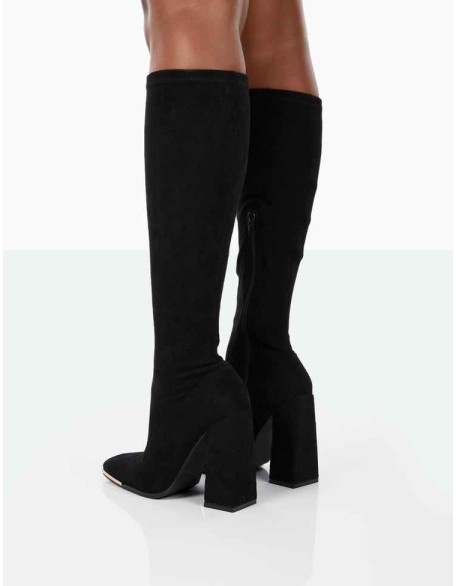 Caryn Black Faux Suede Knee High Heeled Boots