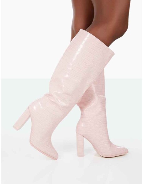 Posie Wide Fit Baby Pink Croc PU Knee High Block Heel Boots