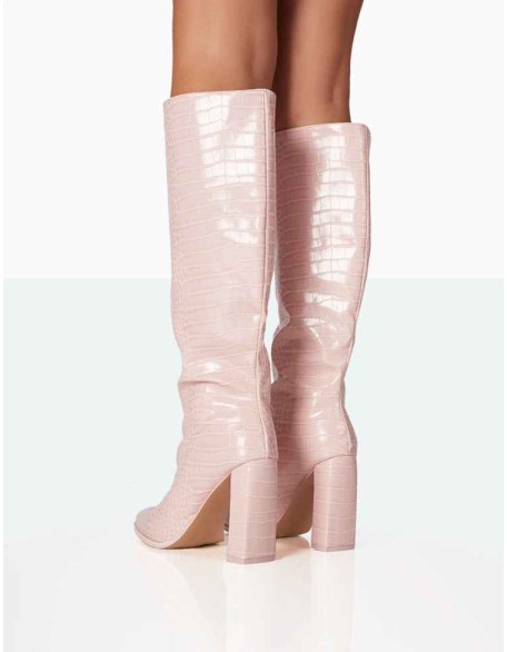 Posie Baby Pink Croc PU Knee high Block Heel Boots