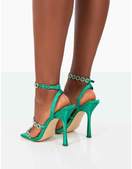 Tilly Green Satin Sparkly Diamante Strappy Square Toe Heels
