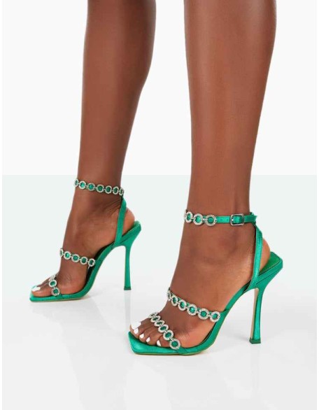 Tilly Green Satin Sparkly Diamante Strappy Square Toe Heels
