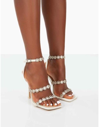 Tilly Off White Satin Sparkly Diamante Strappy Square Toe Heels