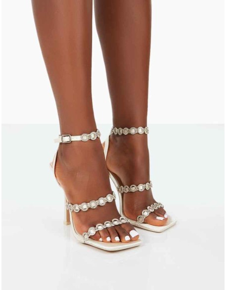 Tilly Off White Satin Sparkly Diamante Strappy Square Toe Heels