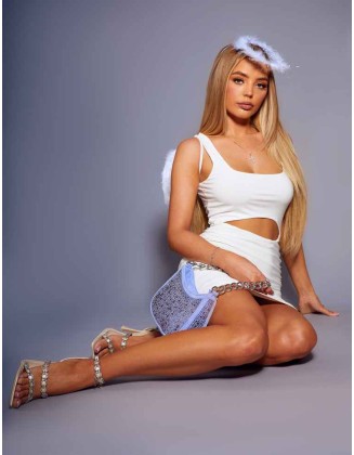 Tilly Off White Satin Sparkly Diamante Strappy Square Toe Heels