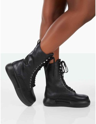 Travis Black Pu Lace Up Chunky Sole Boots