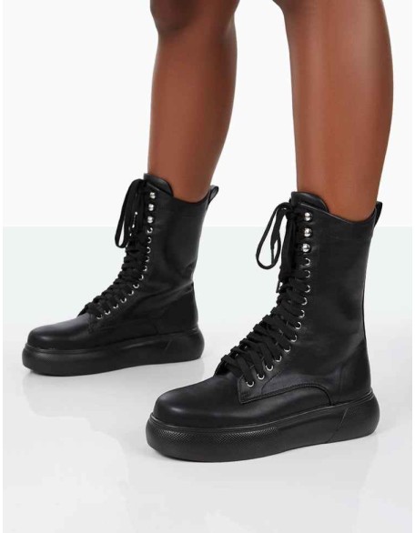 Travis Black Pu Lace Up Chunky Sole Boots