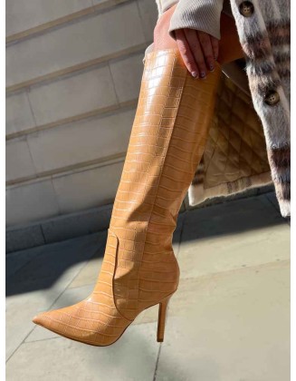 Best Believe Caramel Croc Pointed Toe Heeled Knee High Boots