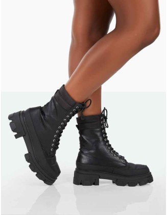 Refresh Black Pu Nylon Lace Up Ankle Boots