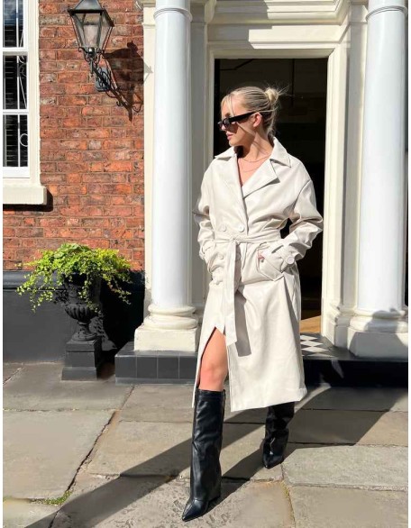 Longline PU Belted Ecru Trench