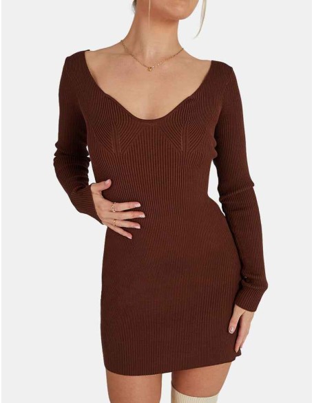 Knitted Off Shoulder Mini Dress Chocolate
