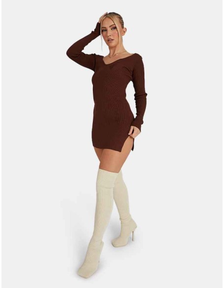 Knitted Off Shoulder Mini Dress Chocolate