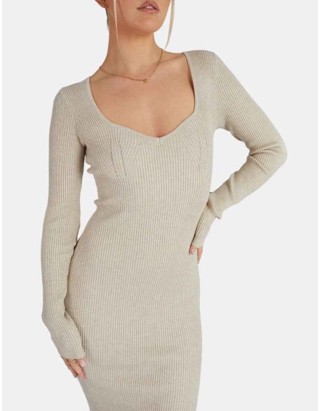 KNITTED OFF SHOULDER MIDI DRESS OATMEAL MARL